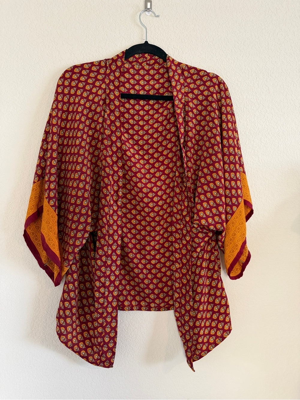 100% Silk Boho Printed Open Kimono Jacket - Red & Mustard - Picture 3 of 5